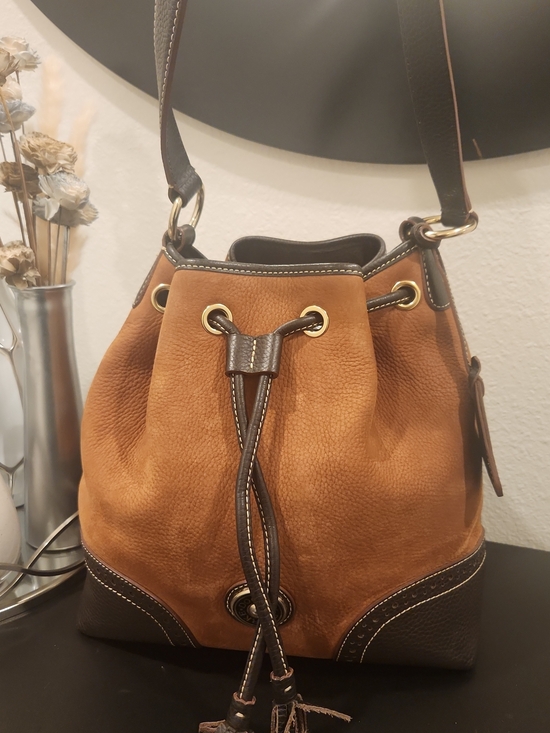 Dooney & Bourke Handbags - Dooney & Bourke Two-Tone Tan and Dark Brown Leather Drawstring Hobo